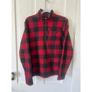The north face men’s medium red and black plaid fleece tartan pullover 1/4 zip